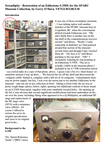 Eddystone Type S.358X - Article on Restoration of an Eddystone Model S.358X with Adverts Appendix