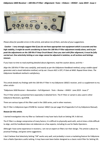 Eddystone Type 1830 - 100 KHz IF Filter Issue 1