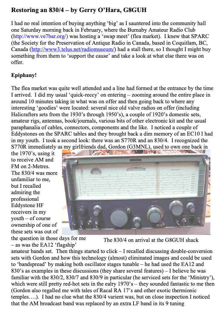 Eddystone Type 830-4 - Restoration Article by Gerry O' Hara (G8GUH)
