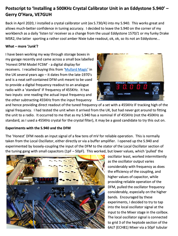 Eddystone Type S.940 - Postscript to Installing Xtal Calibrator in S.940 v2