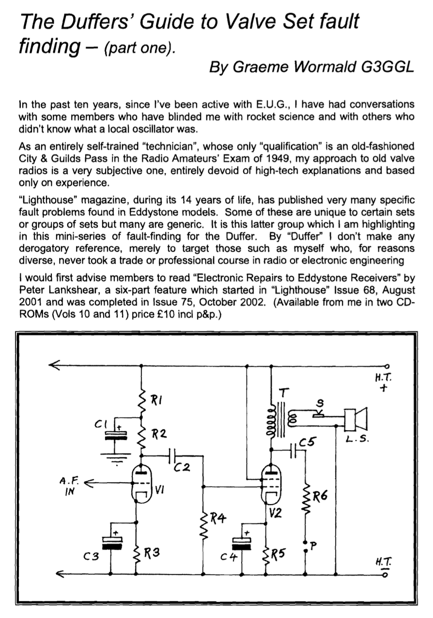 Duffers Guide to Valve Set Fault Finding - Parts 1 to 8 by Graeme Wormald (G3GGL)