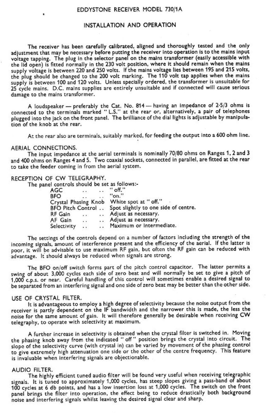 Eddystone Type 730-1A - Installation and Operation Manual