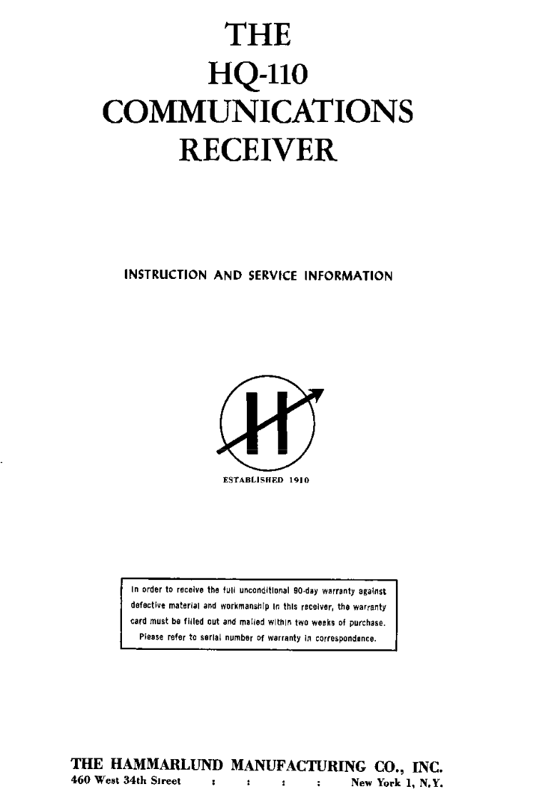 Hammarlund HQ-110 - Instruction and Service Information