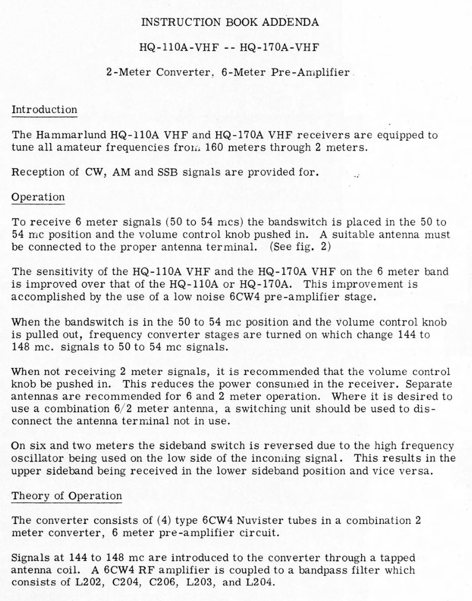 Hammarlund HQ-110A - 2 Meter Converter and 6 Meter Pre-amplifier Instruction Book Addendum