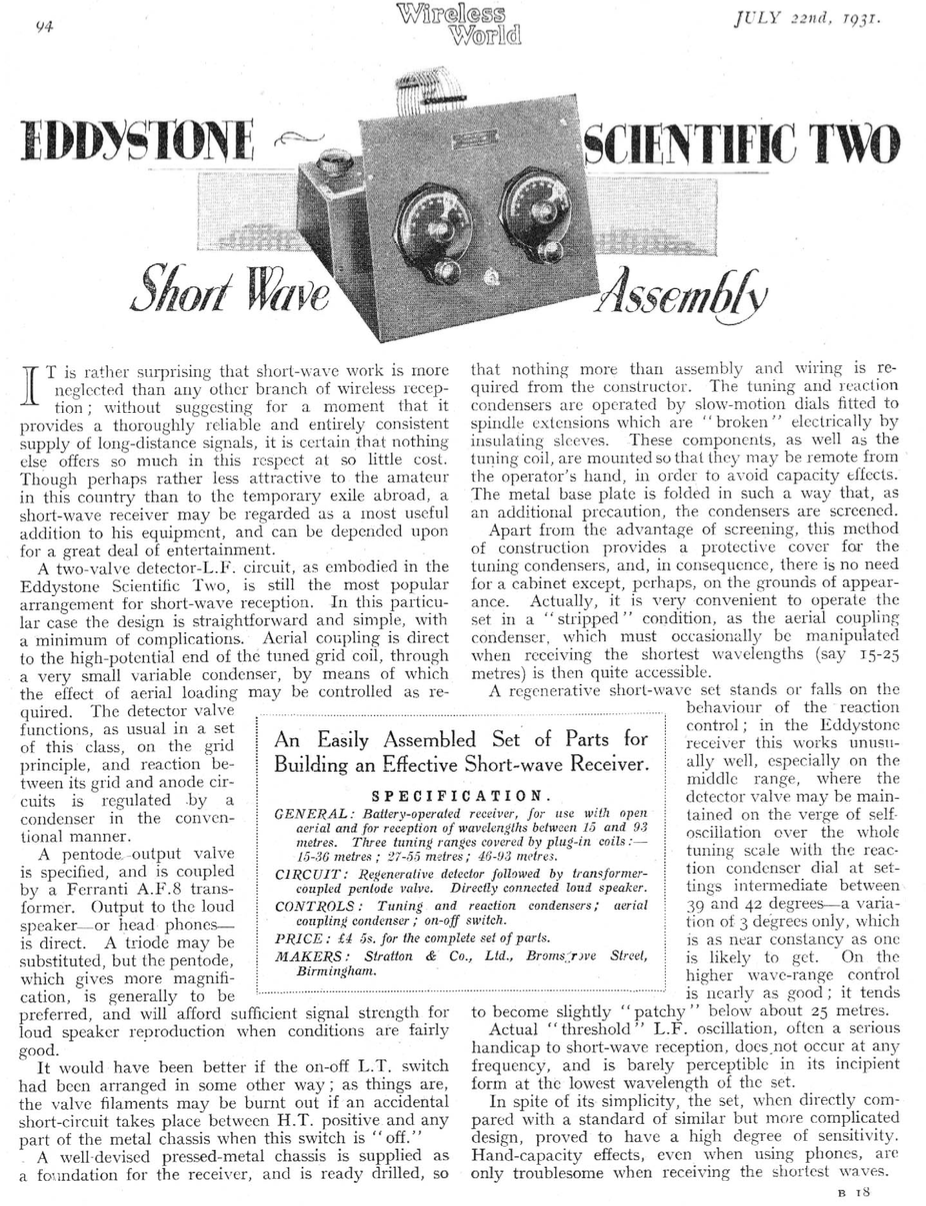Eddystone Scientific Two - Article in Wireless World (1931-07)