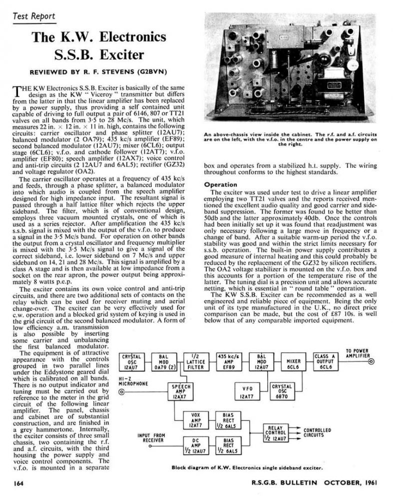 KW Viceroy - RSGB Bulletin Test Report on the KW Viceroy SSB Exciter (1961-10)
