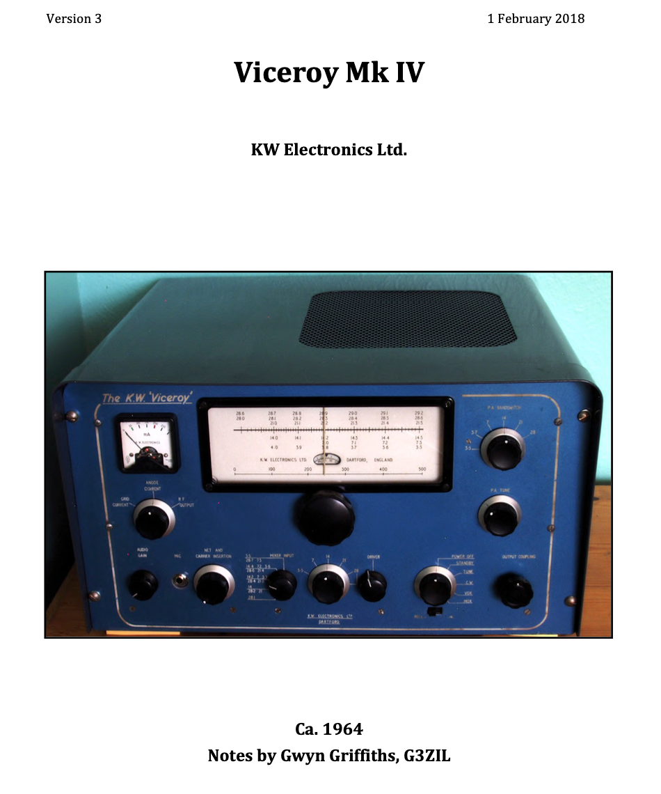 KW Viceroy Mk IV - Restoration Notes (version 3) by Gwyn Griffiths (G3ZIL)
