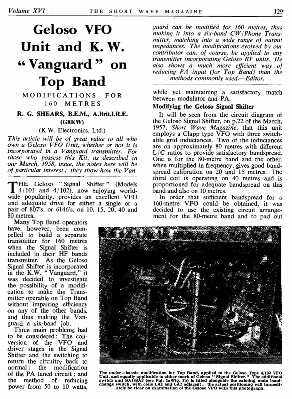 KW Vanguard - Geloso VFO Modifications for 160m by Shortwave Magazine (1958-05)