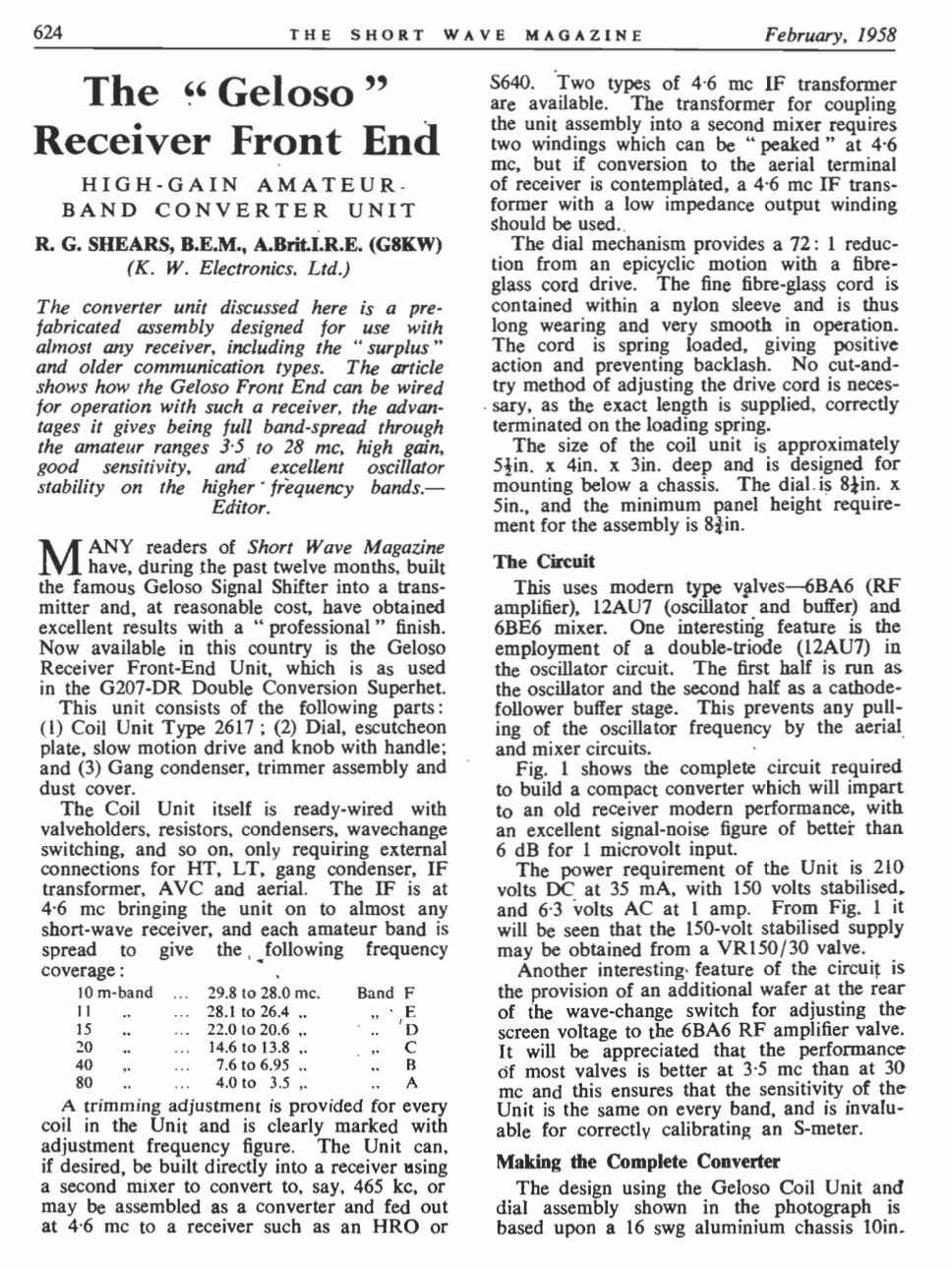 KW Vanguard - Discussing the Geloso Receiver Front End by Shortwave Magazine (1958-02)