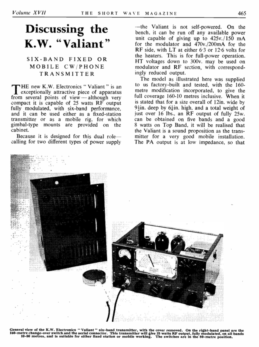 KW Valiant - Transmitter Article in Shortwave Magazine (1960-01)