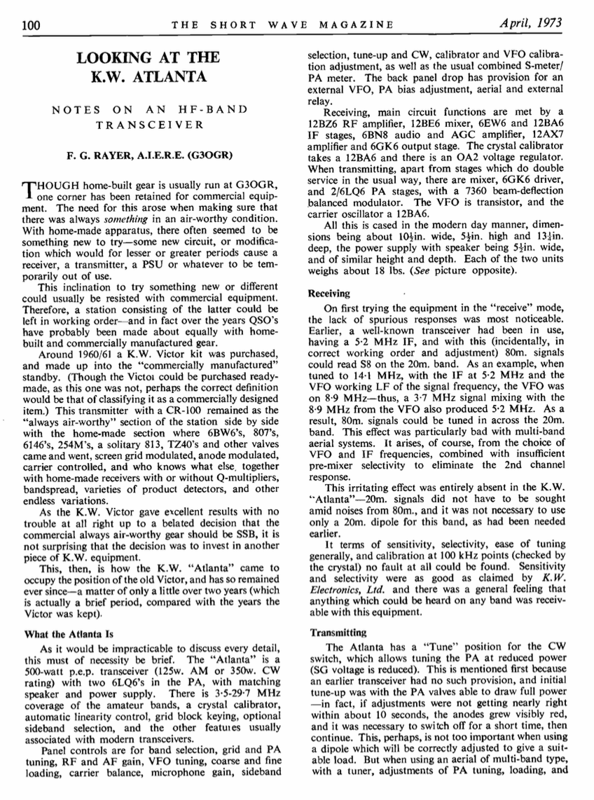KW Atlanta - Looking at the KW Atlanta Transceiver Article in Shortwave Magazine (1973-04)