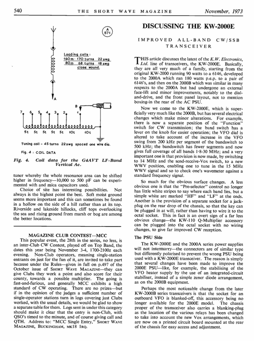 KW-2000E - Discussing the KW 2000E Transceiver in Shortwave Magazine (1973-11)