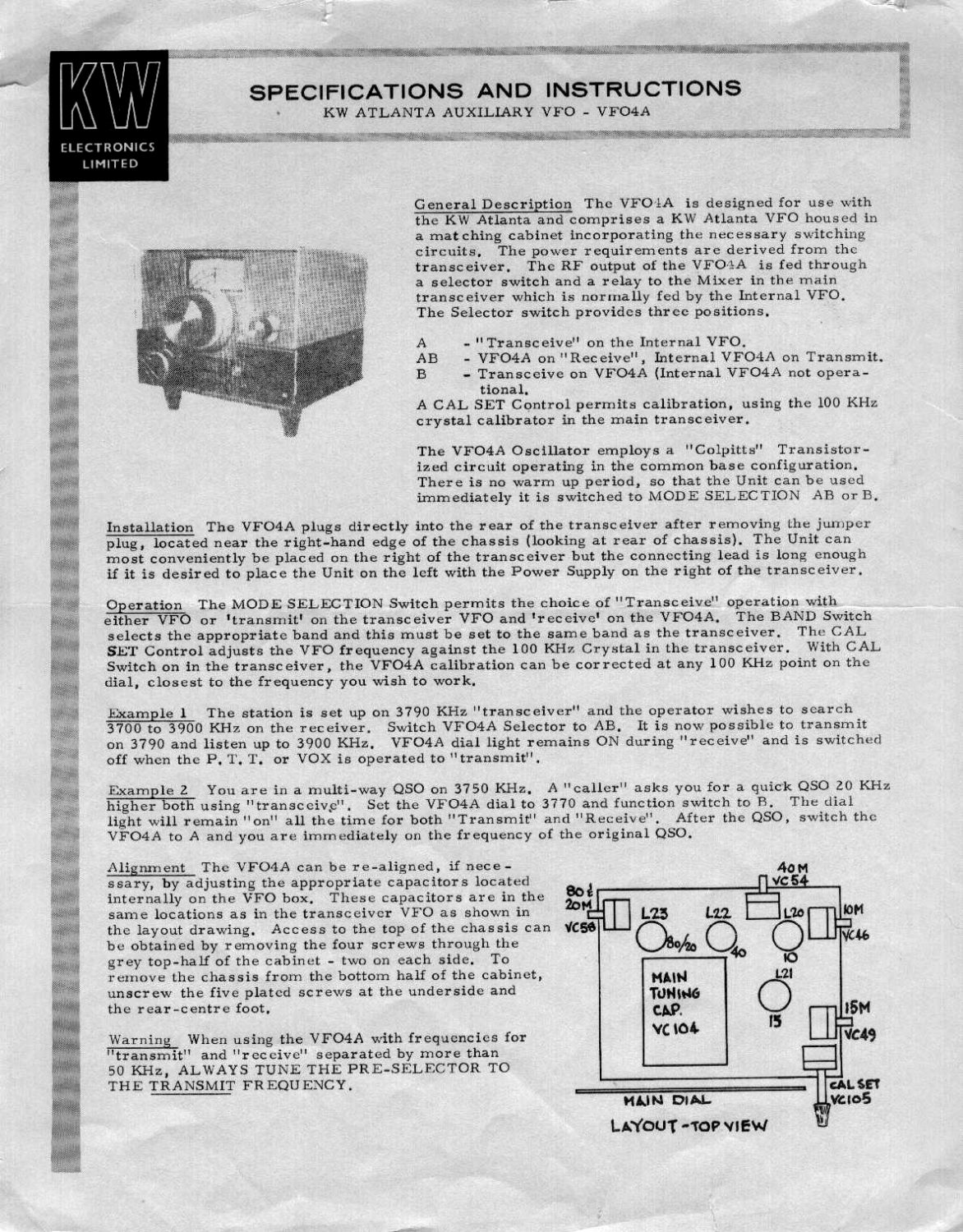 KW Atlanta - VFO 4A Specifications