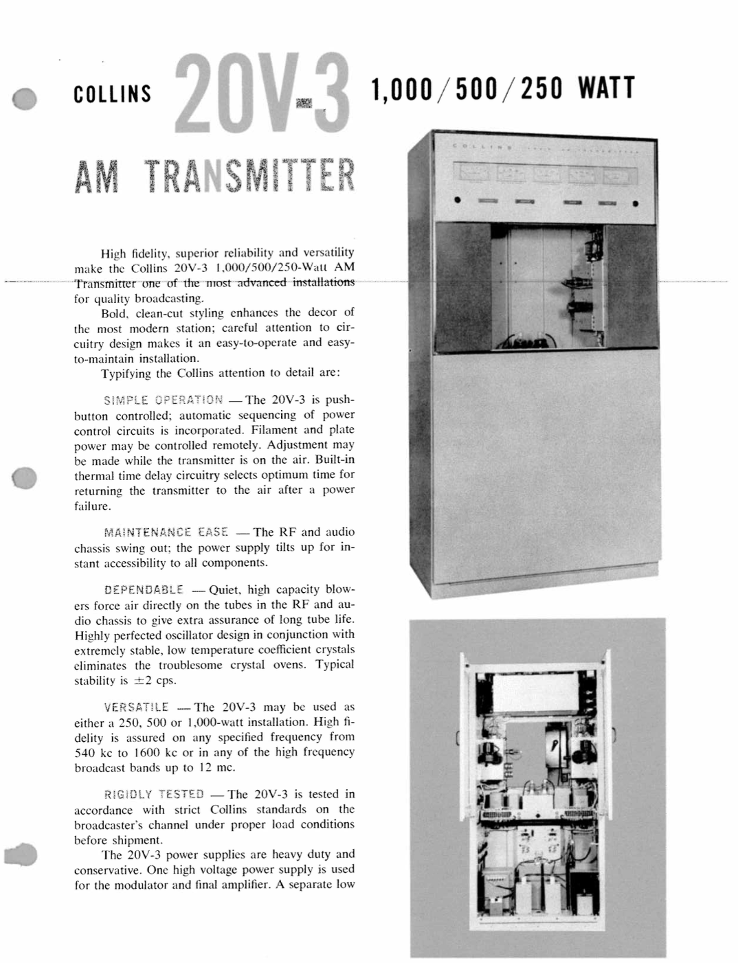 Collins 20V-3 AM Broadcast Transmitter - Product Sheet