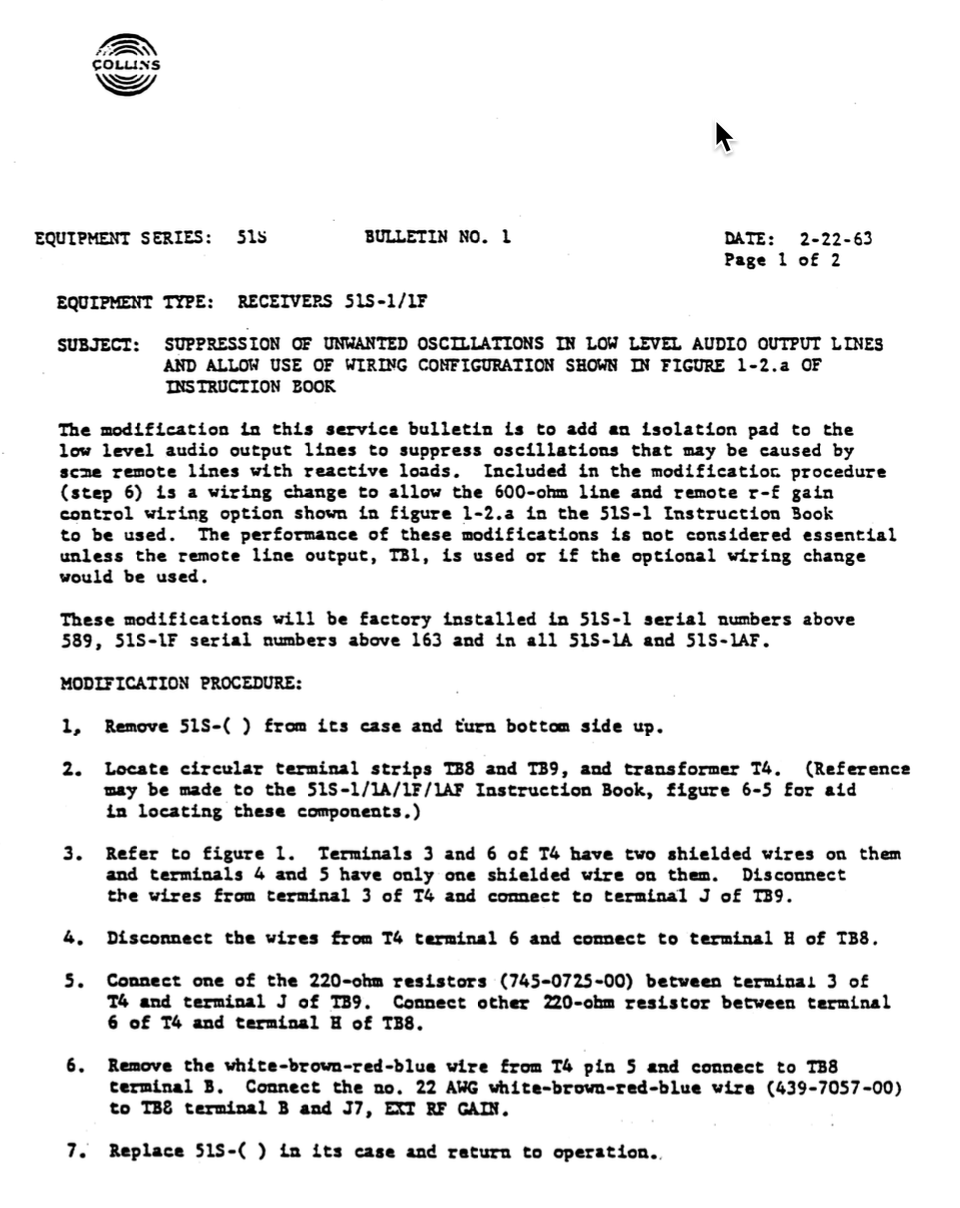 Collins 51S-1 Receiver - Service Bulletin Number 1 (1963-02)