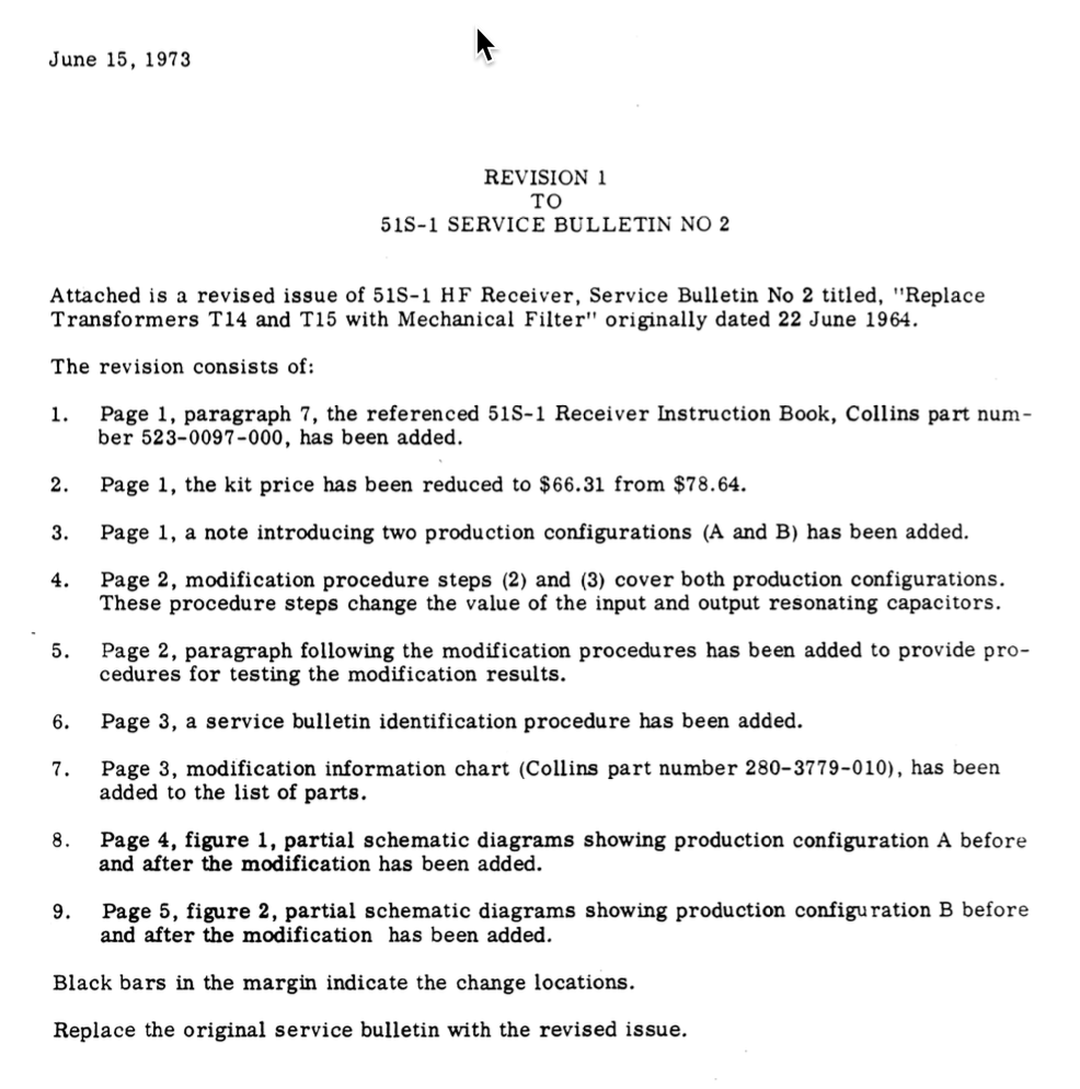 Collins 51S-1 Receiver - Service Bulletin Number 2 (1973-06)