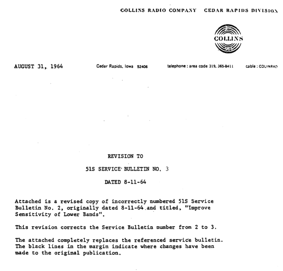Collins 51S-1 Receiver - Service Bulletin Number 3 (1964-08)