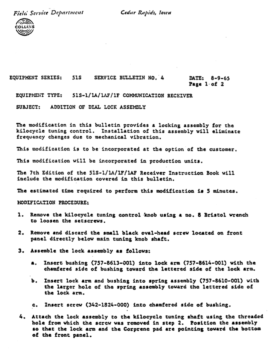 Collins 51S-1 Receiver - Service Bulletin Number 4 (1965-08)