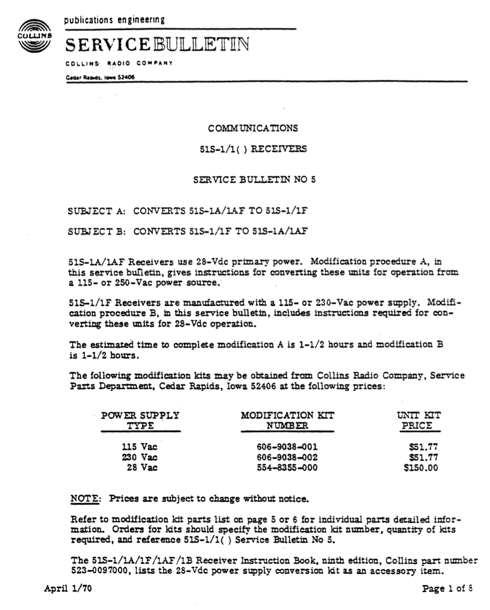 Collins 51S-1 Receiver - Service Bulletin Number 5 (1970-04)