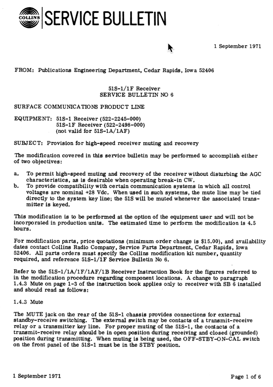 Collins 51S-1 Receiver - Service Bulletin Number 6 (1971-09)