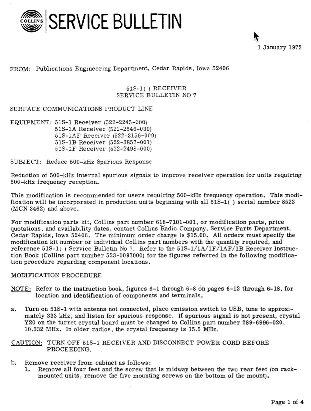 Collins 51S-1 Receiver - Service Bulletin Number 7 (1972-01)