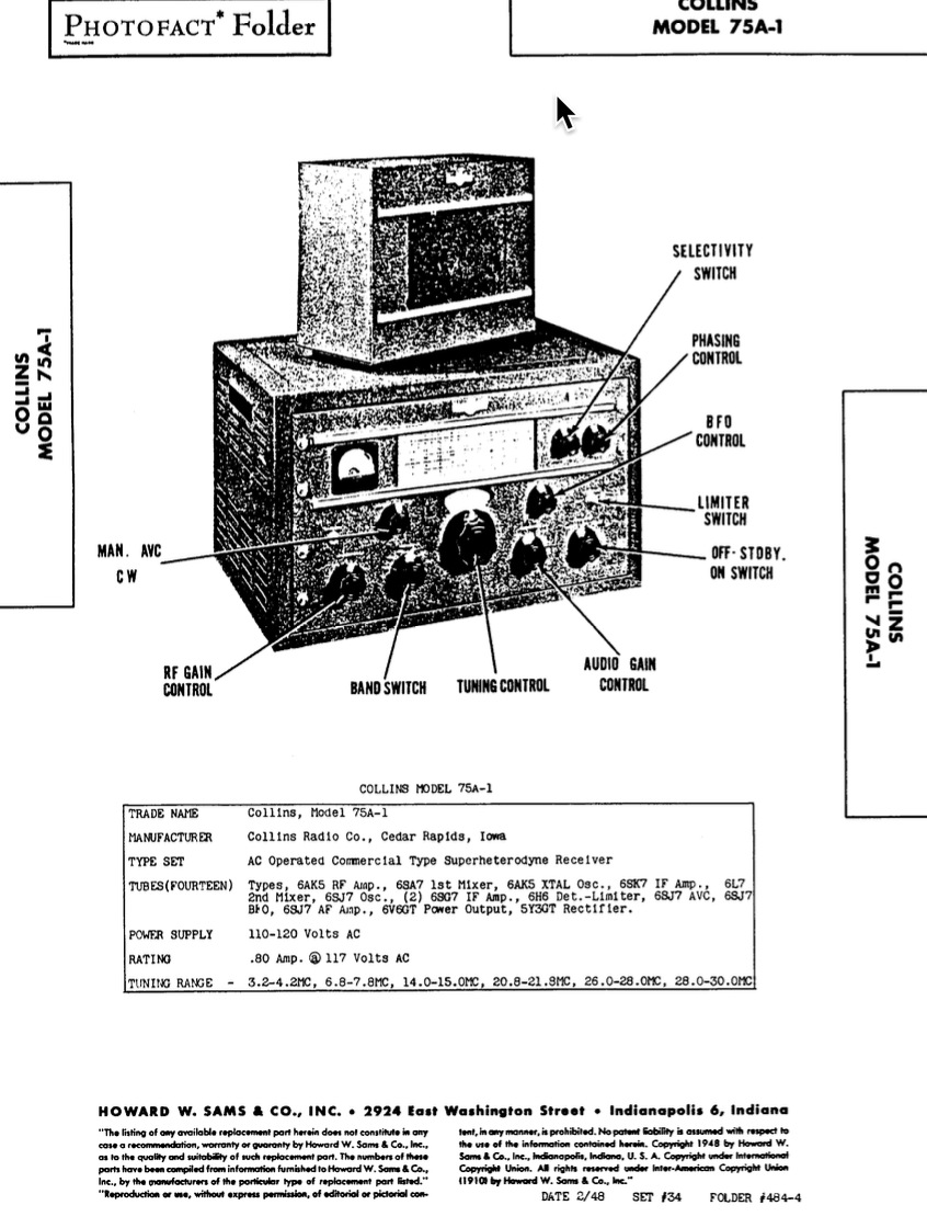 Collins 75A-1 Amateur Receiver - SAM's Photofact (Set 34, Folder 484-4)