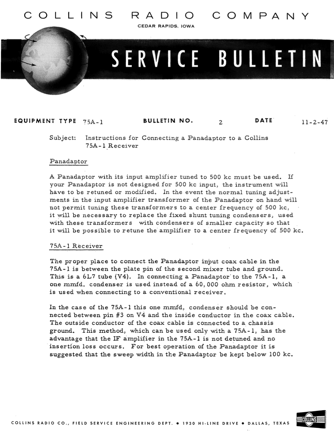 Collins 75A-1 Amateur Receiver - Service Bulletin Number 2 (1947-11)