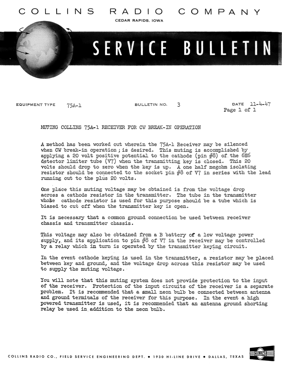 Collins 75A-1 Amateur Receiver - Service Bulletin Number 3 (1947-11)