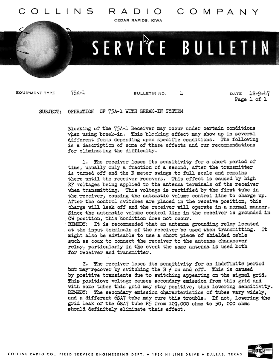 Collins 75A-1 Amateur Receiver - Service Bulletin Number 4 (1947-12)