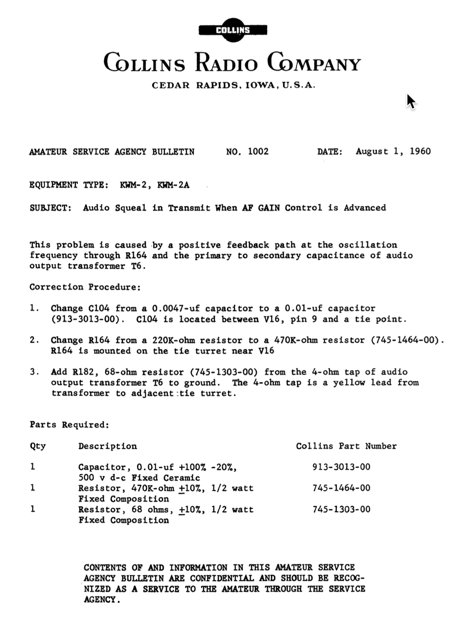 Collins Amateur Service Agency Bulletin Number 1002 (1960-08)