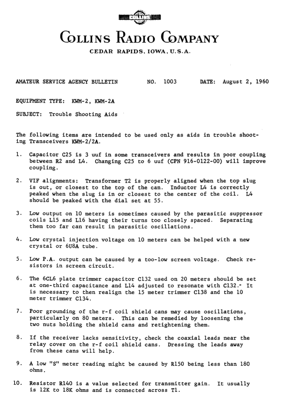 Collins Amateur Service Agency Bulletin Number 1003 (1960-08)
