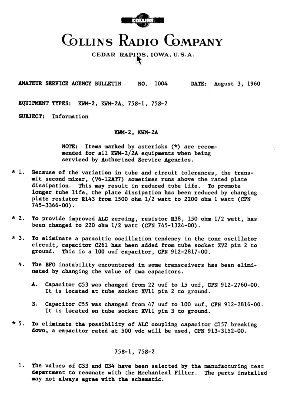 Collins Amateur Service Agency Bulletin Number 1004 (1960-08)