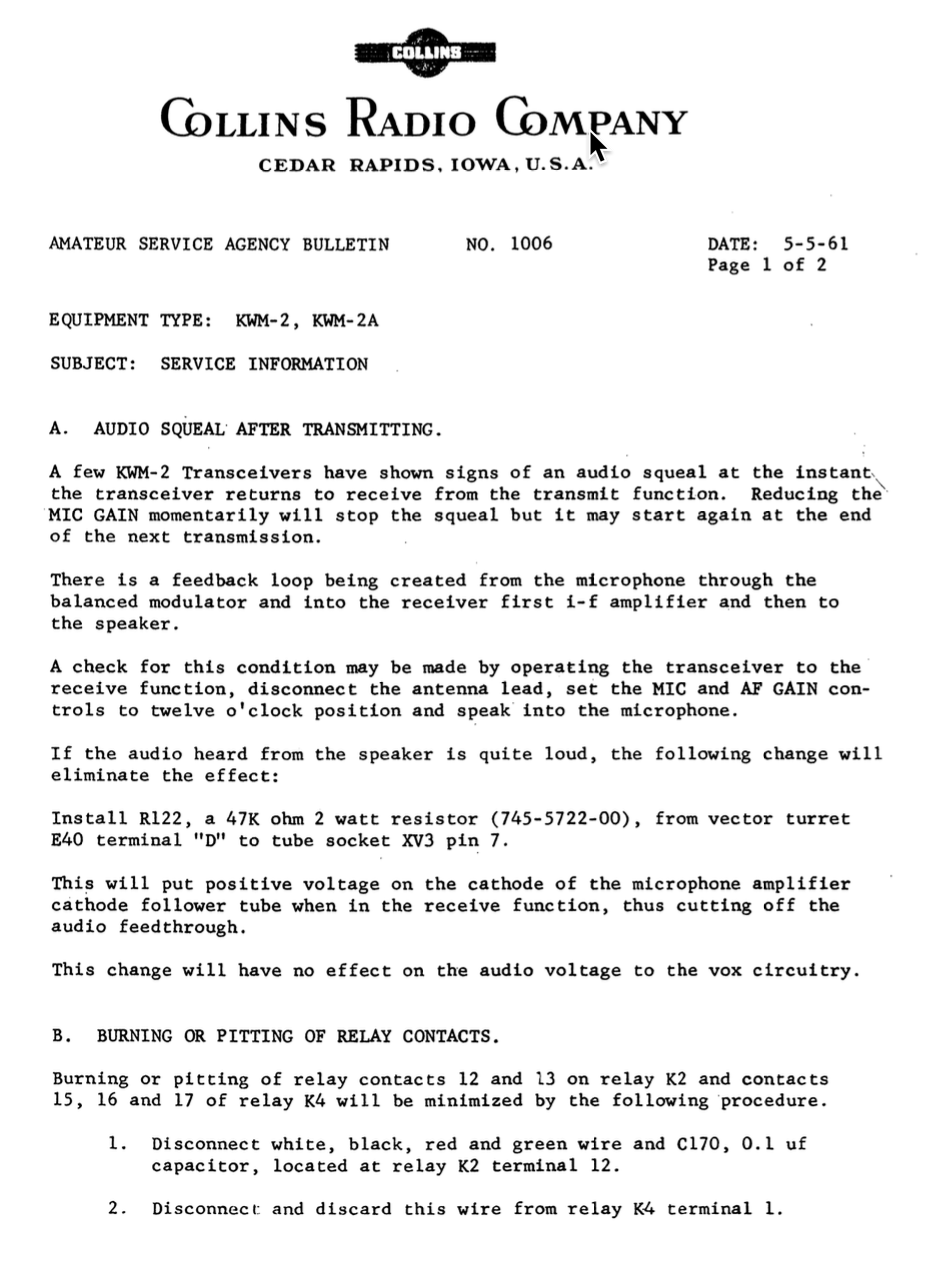 Collins Amateur Service Agency Bulletin Number 1006 (1961-05)