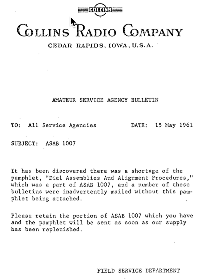Collins Amateur Service Agency Bulletin Number 1007 (1961-05)
