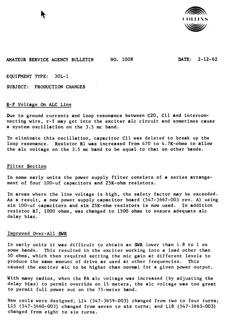 Collins Amateur Service Agency Bulletin Number 1008 (1962-02)