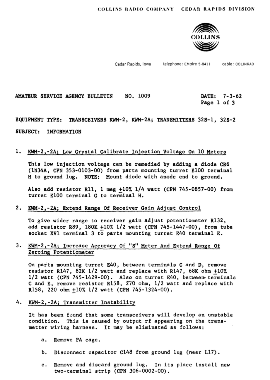 Collins Amateur Service Agency Bulletin Number 1009 (1962-07)