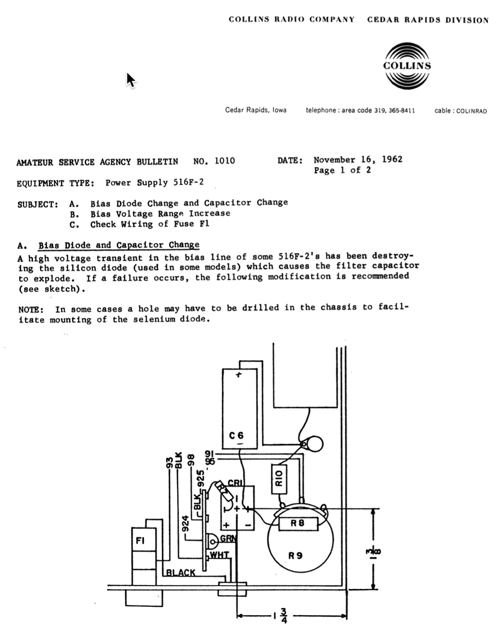 Collins Amateur Service Agency Bulletin Number 1010 (1962-11)