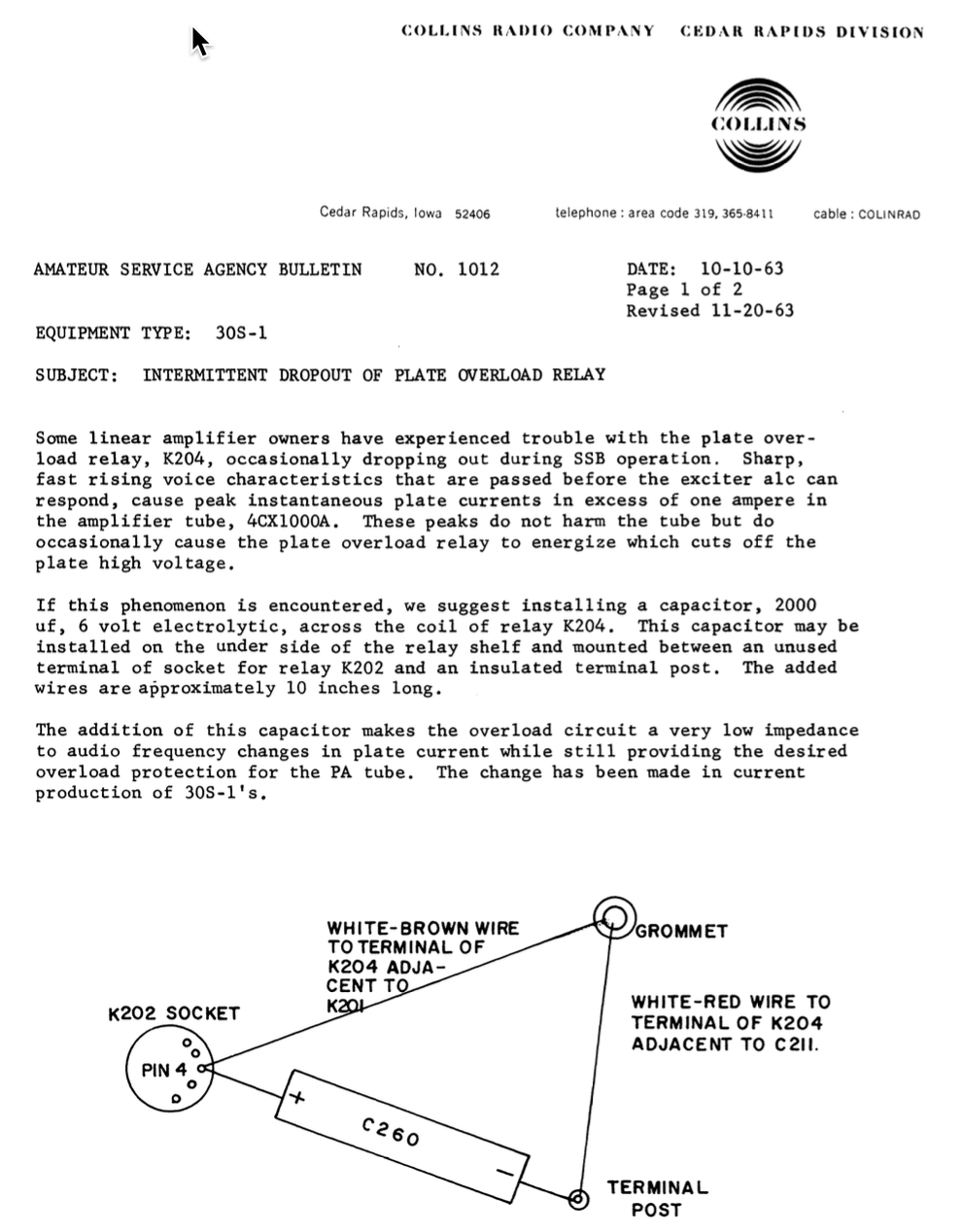 Collins Amateur Service Agency Bulletin Number 1012 (1963-11)