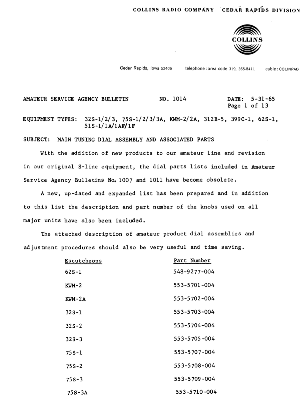 Collins Amateur Service Agency Bulletin Number 1014 (1965-05)