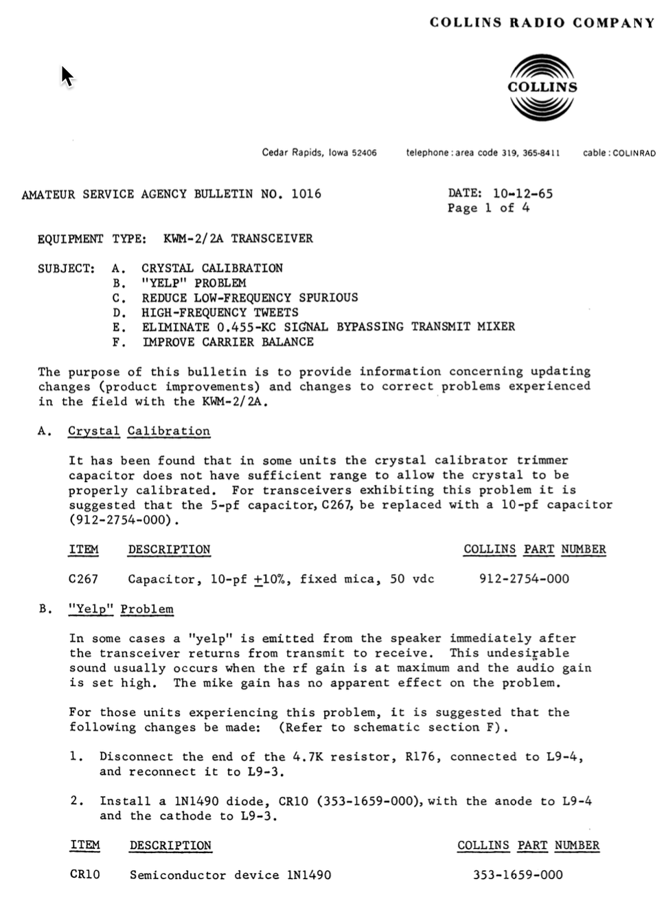 Collins Amateur Service Agency Bulletin Number 1016 (1965-10)