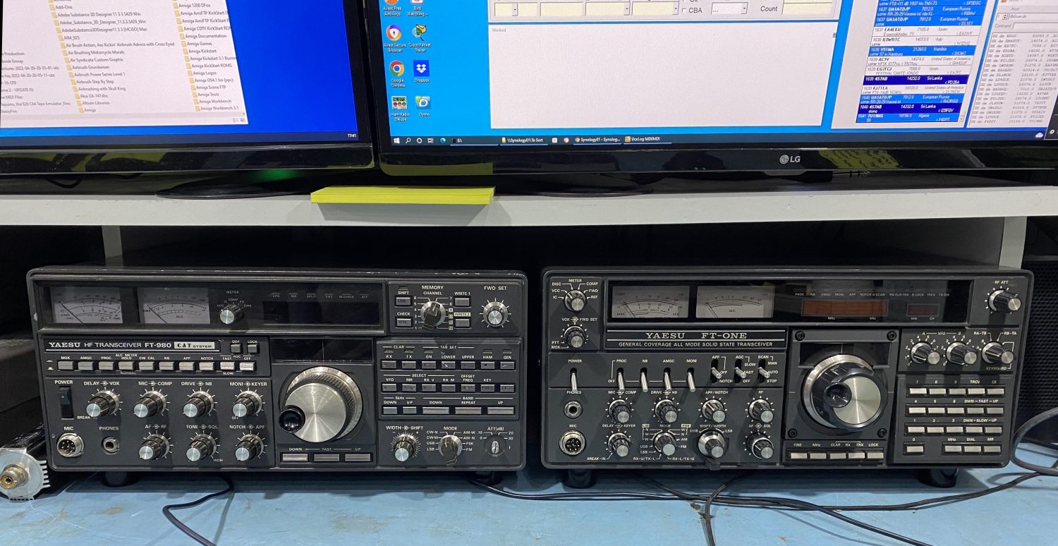 Yaesu FT-980 and the Yaesu FT-ONE in the workshop.