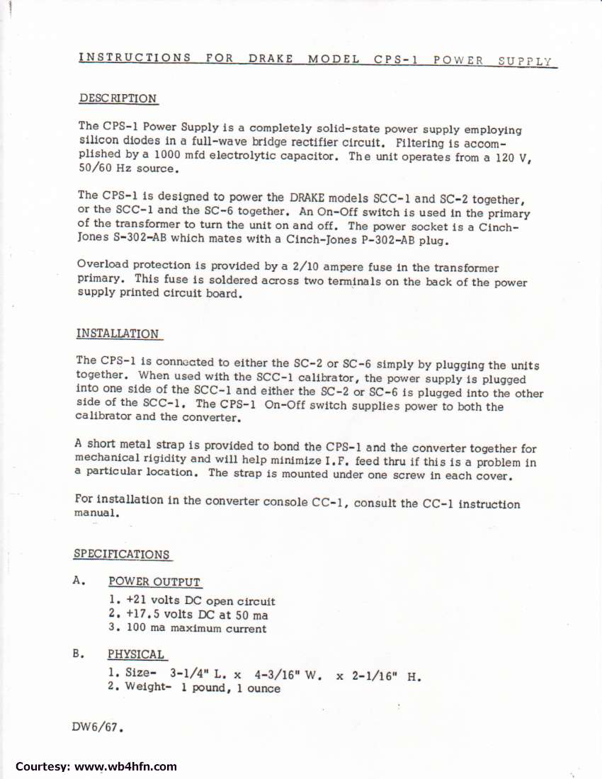 Drake CPS-1 Power Supply - Instruction Sheet