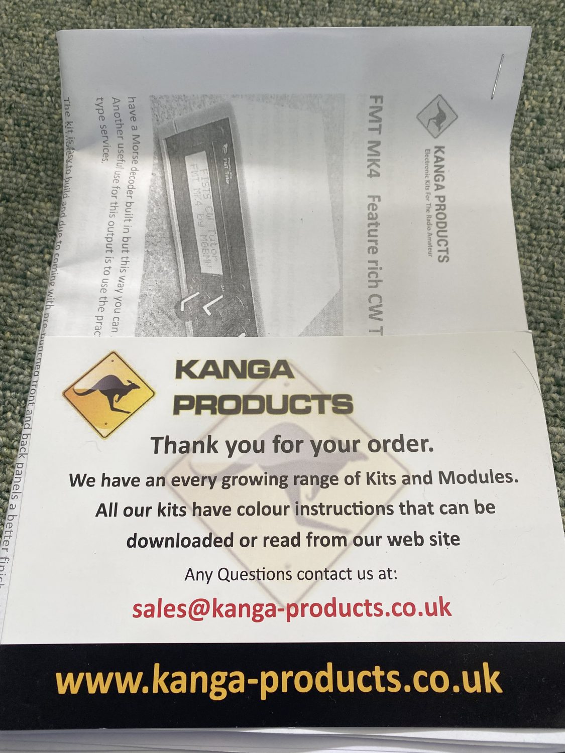 The supplied documentation from Kanga Products for the FMT Mk4 CW Trainer.