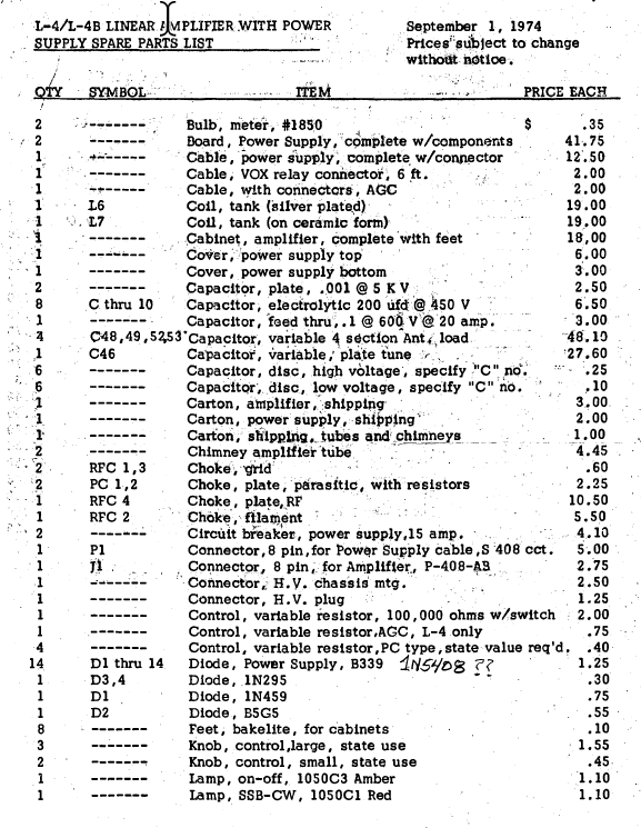 Drake L-4B Linear Amplifier - Parts List