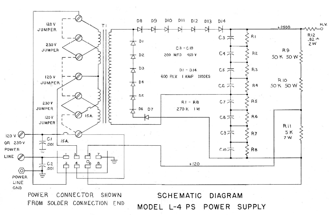 Drake L-4B Linear Amplifier - Schematic Diagram (Power Supply)