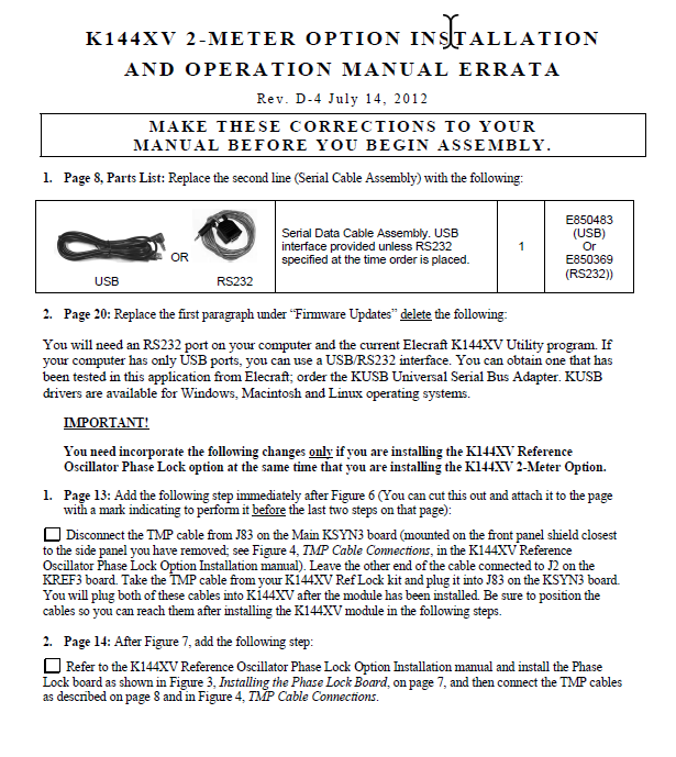 Elecraft K3 - K144XV 2 Meter Option Installation and Operation Manual Errata D-4 (E740146E)