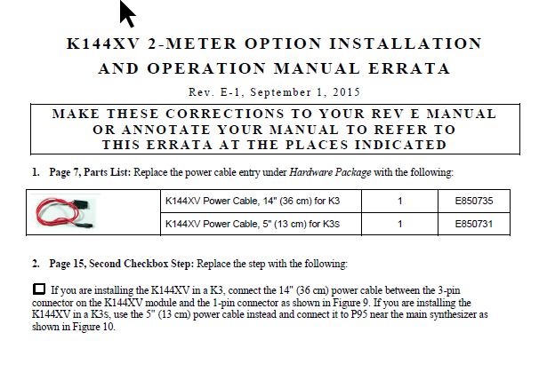 Elecraft K3 - K144XV 2 Meter Option Installation and Operation Manual Errata E-1 (E740146E)