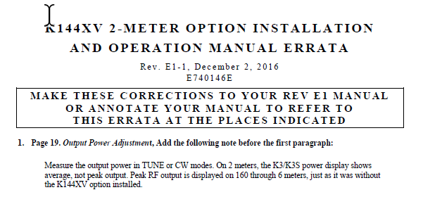 Elecraft K3 - K144XV 2 Meter Option Installation and Operation Manual Errata E1-1 (E740146E)