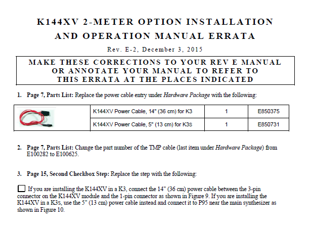 Elecraft K3 - K144XV 2 Meter Option Installation and Operation Manual Errata E-2 (E740146E)