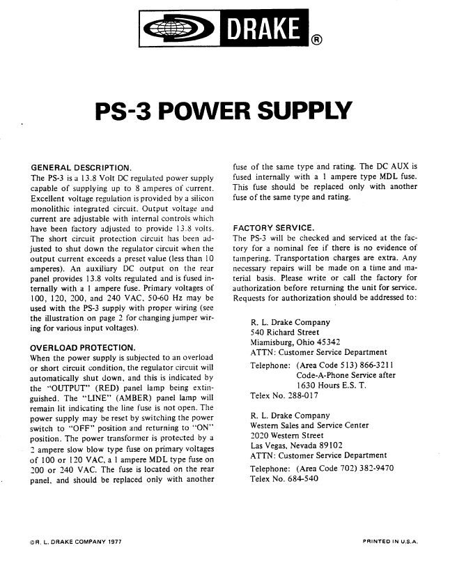 Drake PS-3 - Instruction Manual